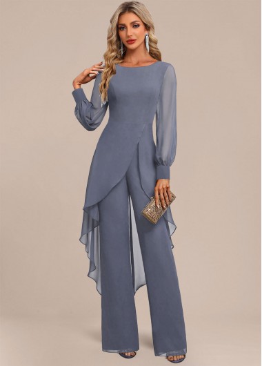 Modlily Dusty Blue Patchwork Long Scoop Neck Jumpsuit - M