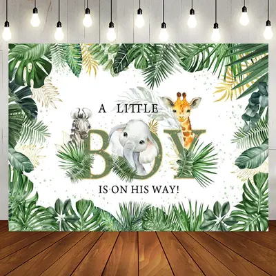 A Little Boy Leaves Animals Baby Shower Backdrop - Aperturee