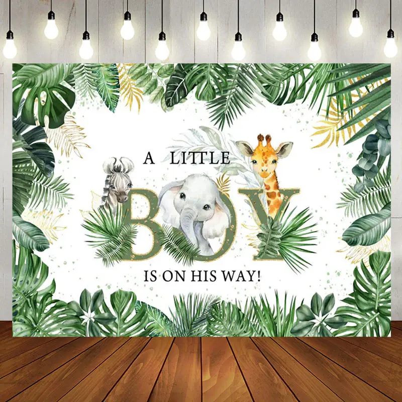 A Little Boy Leaves Animals Baby Shower Backdrop - Aperturee