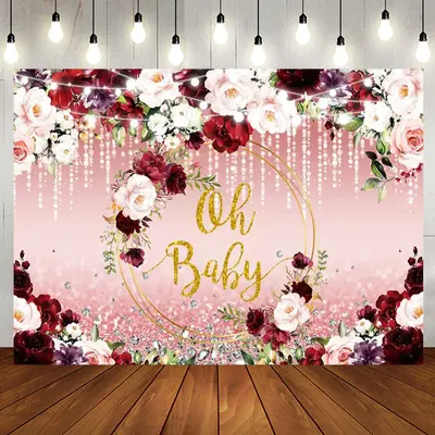 Oh Baby Red Pink Floral Leaf Gender Reveal Backdrop - Aperturee