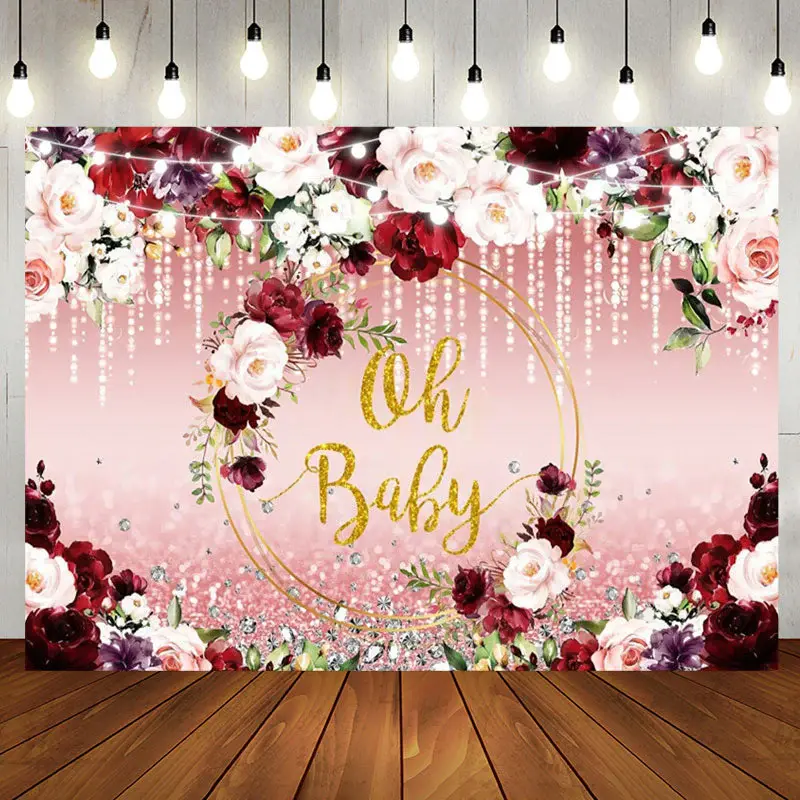 Oh Baby Red Pink Floral Leaf Gender Reveal Backdrop - Aperturee