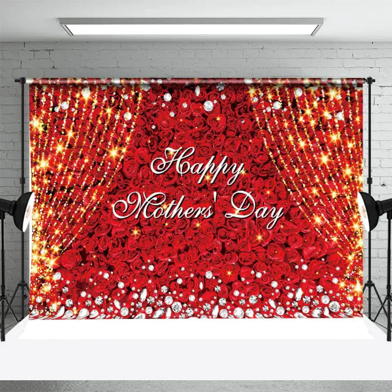 Red Florals Gold Tassel Diamond Mothers Day Backdrop - Aperturee