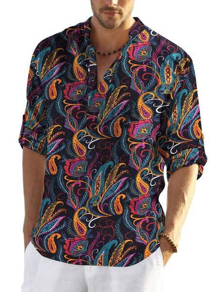 Cotton Linen Floral Henley Shirt (US Only), Black / S