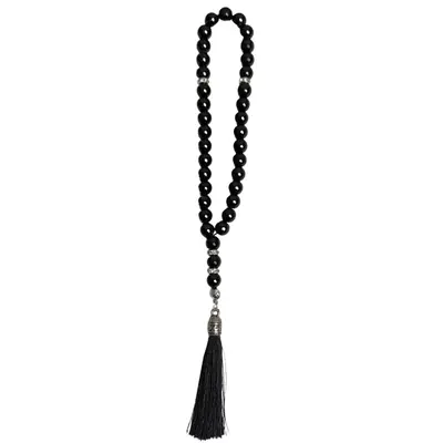 Black Tasbeeh Beads with Elegant Silver Accents | 25 cm