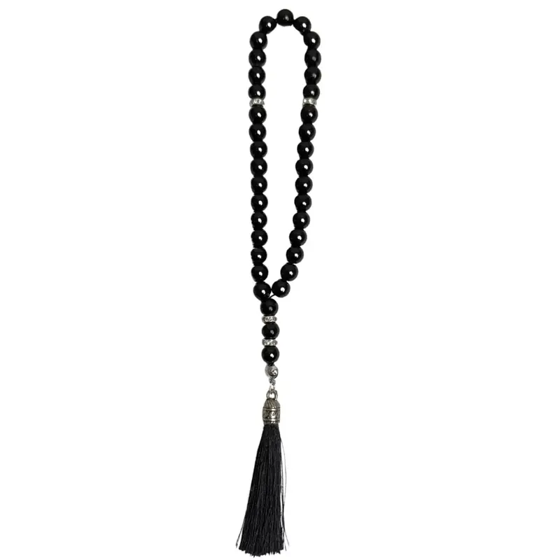 Black Tasbeeh Beads with Elegant Silver Accents | 25 cm