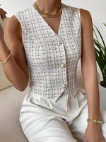 Women's Plaid Pattern Faux Pearl Button Front Asymmetrical Hem Vest, Chic Fitted V-neck Lady Tops, Fashion Blazer Vest for Of...