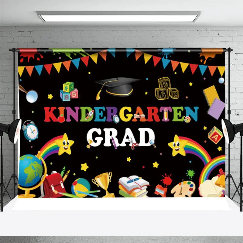 Colorful Book Bag Black Kindergarden Grad Backdrop - Aperturee