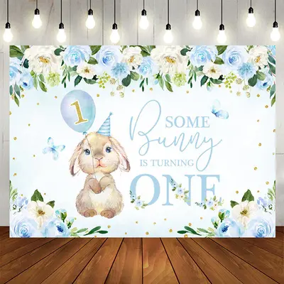 Bunny Turning One Blue Floral 1st Birthday Backdrop - Aperturee