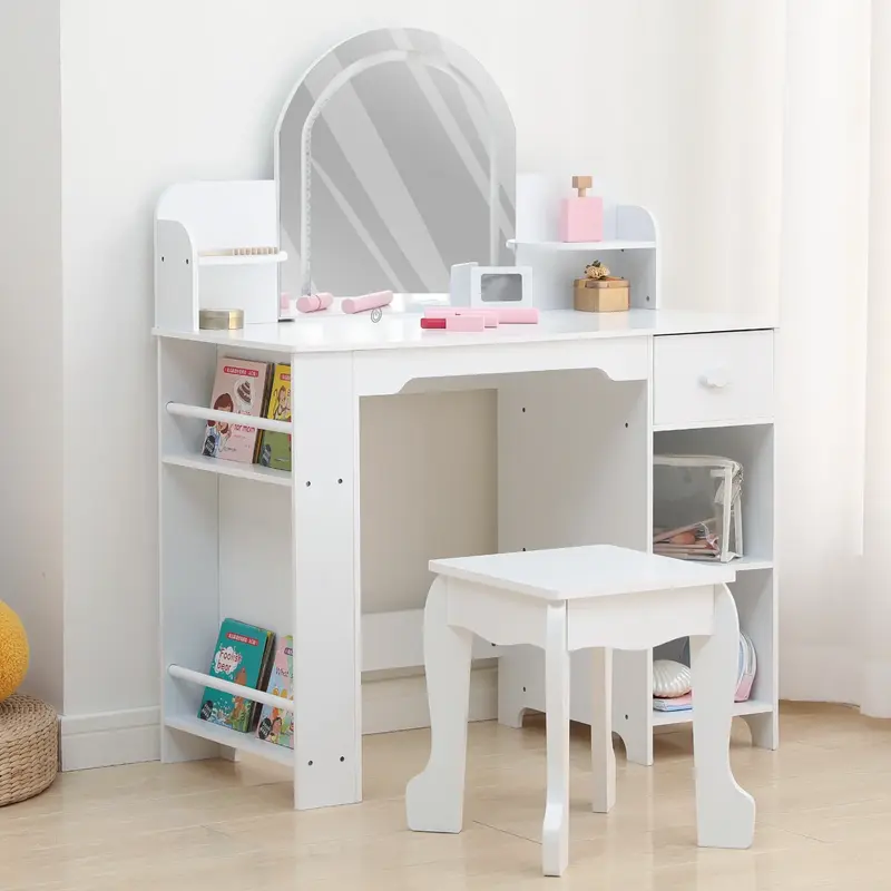 Garvee Kids Vanity with Lighted Mirror, 2 In 1 Little Girls Vanity Table & Stool, Kids Makeup Table with Bookshelf, Drawer & ...