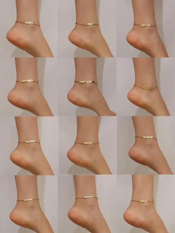 Summer 2024 Elegant Letter Detail Anklet for Women for Gift, Stainless Steel 12 Constellations Themed Foot Jewelry, Classic ...