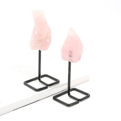 Rough Natural Rose Quartz Raw Rock Ornament with Metal Stand