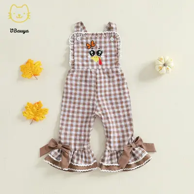 Kids Girls Overalls, Plaid Embroidery Turkey Flare Pants Thanksgiving Clothes for Casual Daily