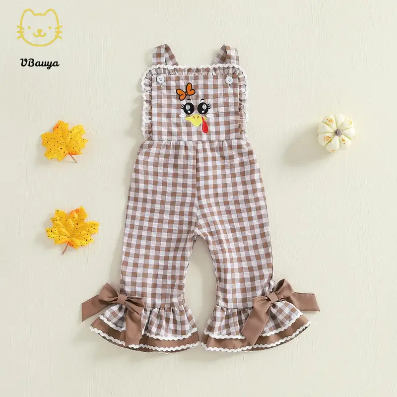 Kids Girls Overalls, Plaid Embroidery Turkey Flare Pants Thanksgiving Clothes for Casual Daily