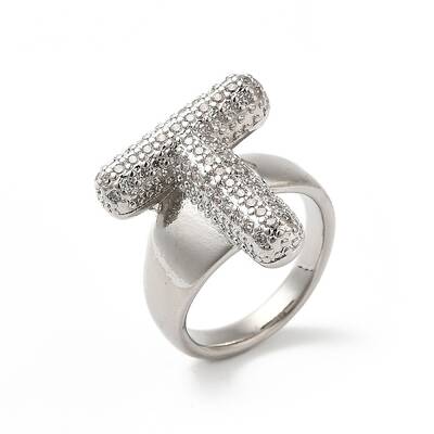 Letter Brass Micro Pave Clear Cubic Zirconia Open Cuff Ring for Women