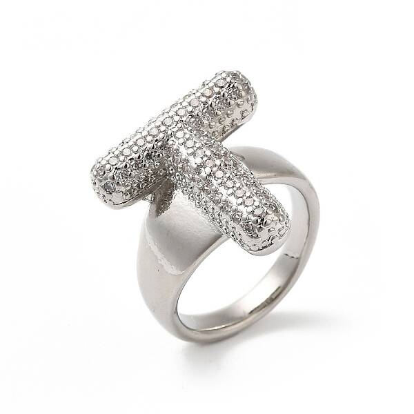 Letter Brass Micro Pave Clear Cubic Zirconia Open Cuff Ring for Women