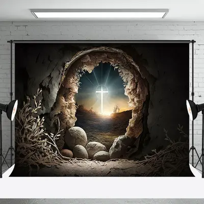 Aperturee Night Cave Holy Lighted Cross Rebirth Easter Backdrop, 3X2FT(1MX0.6M), 14 USD, easter backdrops, NYHD6I20-M