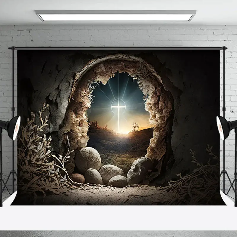 Aperturee Night Cave Holy Lighted Cross Rebirth Easter Backdrop, 3X2FT(1MX0.6M), 14 USD, easter backdrops, NYHD6I20-M