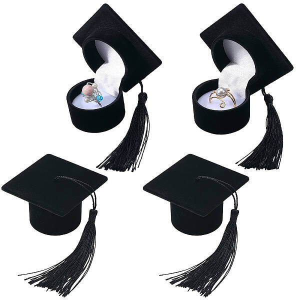 4Pcs Doctoral Hat Shaped Velvet Jewelry Ring Storage Boxes
