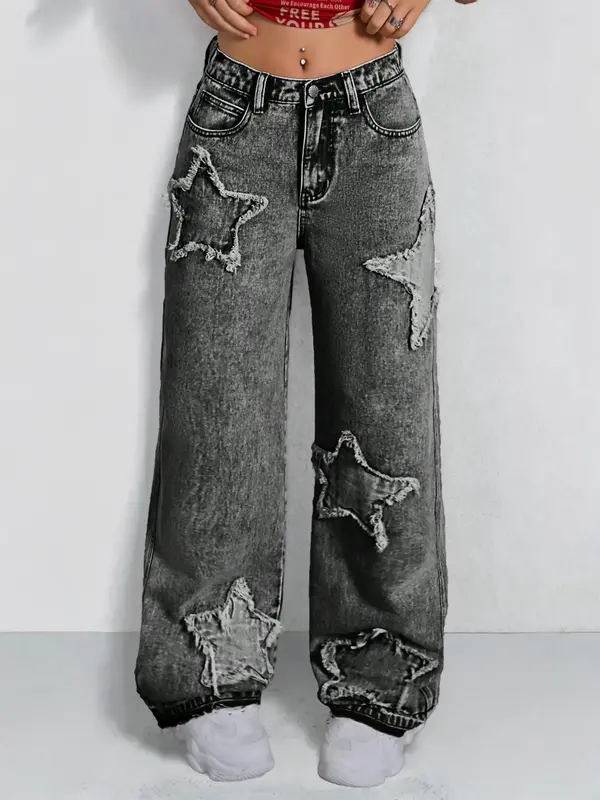 Trendy Gray Jeans for Girls  barrel jeans girl Star Patch Design  Y2K Style Teenage Denim Pants Star-Patterned Wide-Leg Girls...