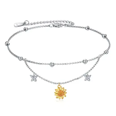 Sterling Silver Two-tone Cubic Zirconia Butterfly & Sunflower Multi-layered Anklet