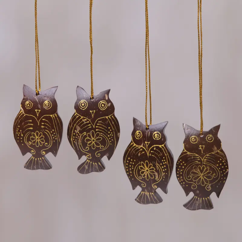 NOVICA Holiday Owl Coconut Shell Hanging Ornaments - Set of 4