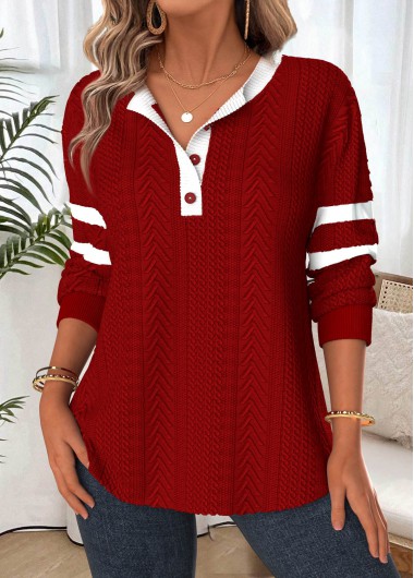 Modlily Deep Red Tummy Coverage Long Sleeve Split Neck Sweatshirt - XXL