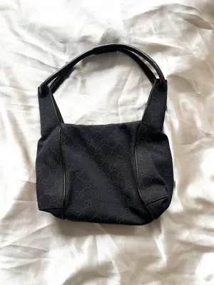 Pre-owned GUCCI Denim x Leather Shoulder Bags GG Black Denim Hobo