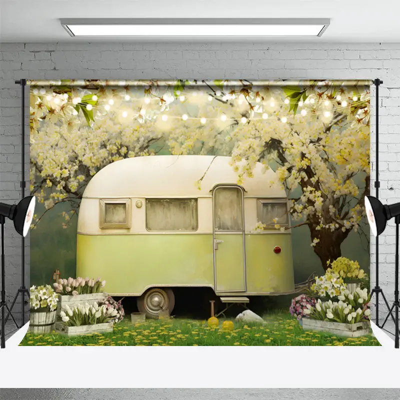 Floral Tree Vintage Car Green Grass Spring Backdrop - Aperturee