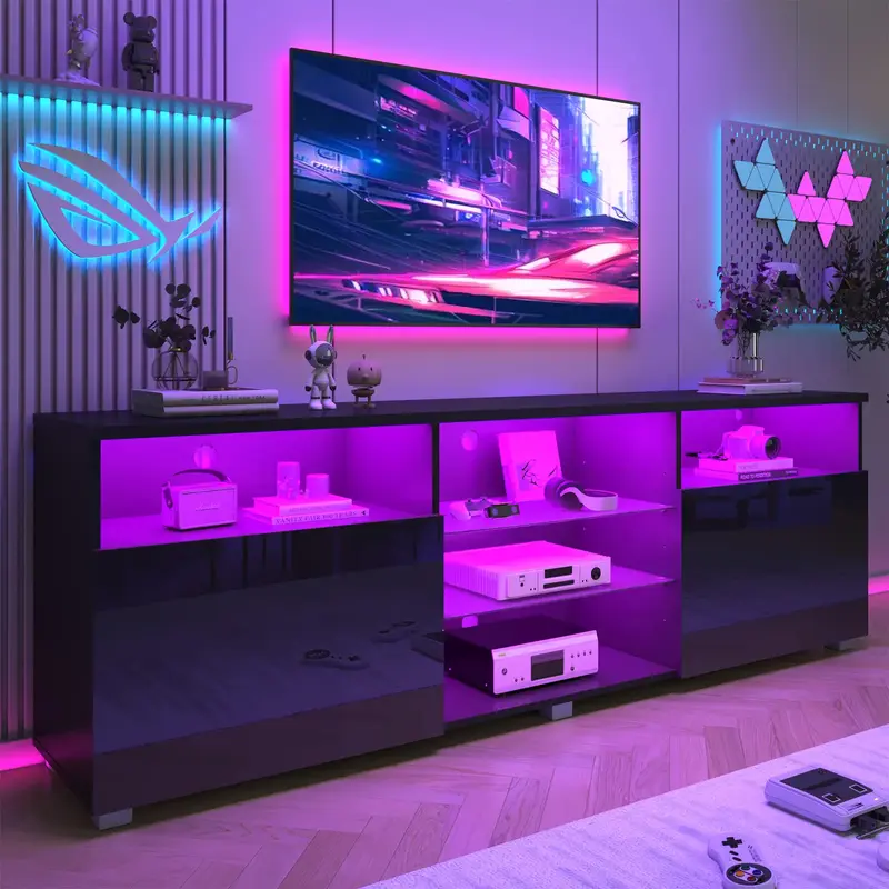 Modern LED 57/65/71/80.7/86.6in TV Stand for 55/60/65/70/75/80/85/90/95 inch TV,High Glossy TV Entertainment Center with Stor...