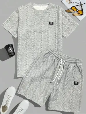 Men's Solid Textured Patched Tee & Drawstring Waist Shorts Set, Regular Fit Casual Round Neck Short Sleeve T-shirt & Pocket S...