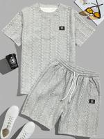 Men's Solid Textured Patched Tee & Drawstring Waist Shorts Set, Casual Round Neck Shortsleeve T-shirt & Shortsleeve Shorts, G...
