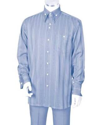 Men's Crisp Multi Stripe 2 Piece Long Sleeve Blue Casual Two Piece Walking Outfit For Sale Pant Sets Suit