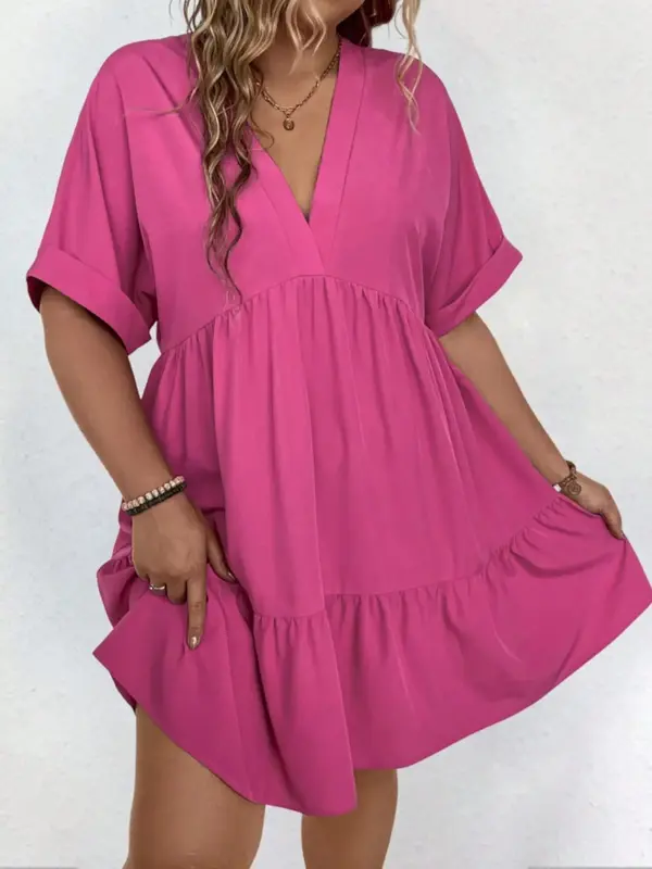 Plus Size Plain V Neck Batwing Sleeve Ruffle Hem Smock Dress, Casual Short Sleeve V Neck Dress for Daily Outdoor Wear, Dresse...