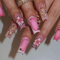 Pink and Gold Floral Handmade Press-On Nails – Cheerful Bloom with a Touch of Sweetness – Nail Art, Nail Care