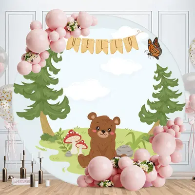 Aperturee Hello Forest Bear Round Baby Shower Backdrop