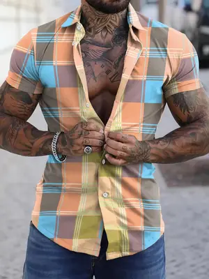 Men's Regular Fit Plaid Print Button Front Shirt, Short Sleeve Collar Top for Summer, Casual Daily Wear for Men