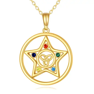 14K Gold Cubic Zirconia Celtic Knot Round Star Necklace for Women