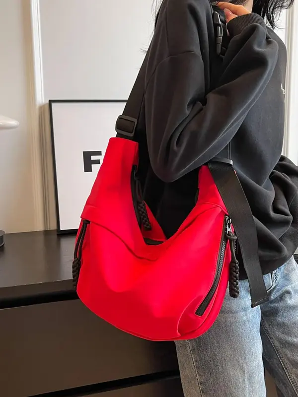 Crossbody Bag for Women, Casual Plain Oxford Zipper Half Moon Bag, Simple Matching Crossbody Bag for Work & School, Trendy Ve...