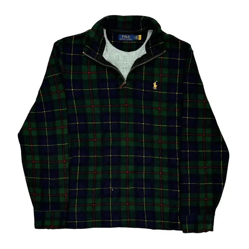 Ralph Lauren Checked 1/4 Zip - Medium Green Cotton