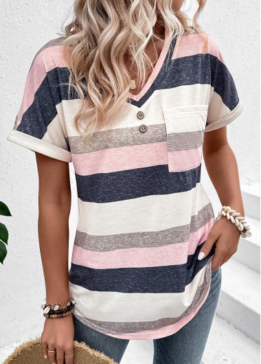 Modlily Multi Color Pocket Striped Short Sleeve T Shirt - XL