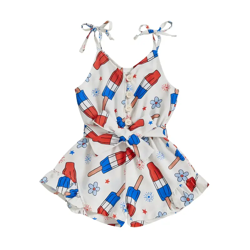Kid Girl 4th of July Overalls Shorts Bow/Popsicle Print Sleeveless Tie-up Strap Romper with Belt