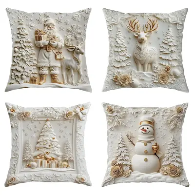 Christmas Themed Cushion Cover, 4 Counts/set Soft Comfortable Single Side Printing Decorative Cushion Cover, Cushion Cover fo...