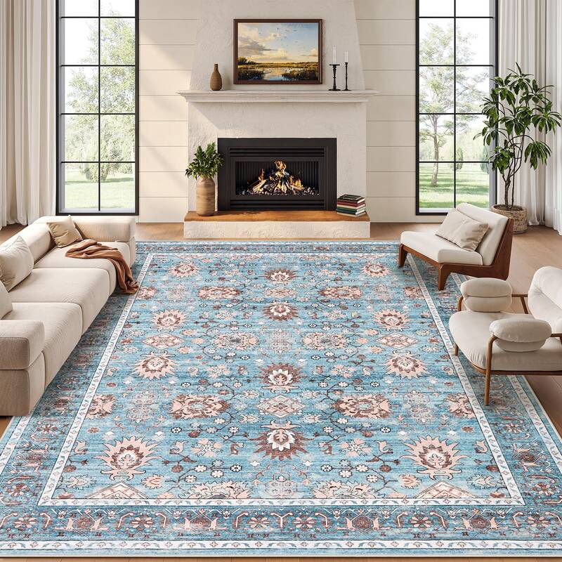Garvee Area Rug 8x10 Vintage Oriental Rug for Living Room, Thin Washable Carpet with Non Slip Rubber Backing, Soft Non Sheddi...