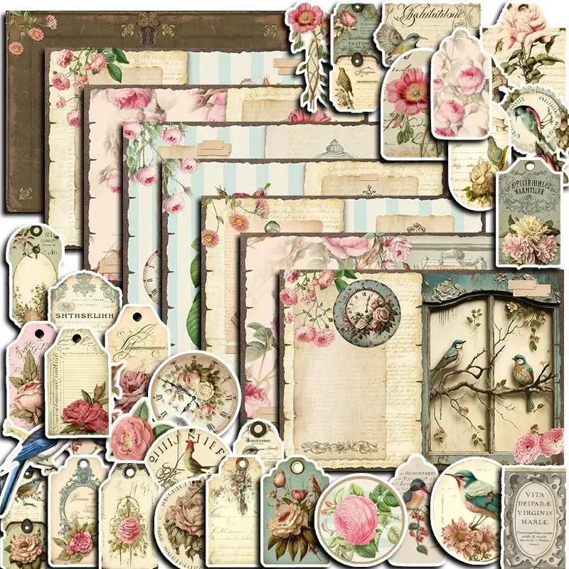 38pcs/set 30pcs Retro Floral Plant Pattern Sticker & 8 Sheets Material Paper, Diy Decorative Sticker For Scrapbooking & Journ...