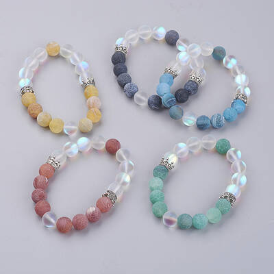 Natural Weathered Agate(Dyed) Beaded Stretch Bracelets