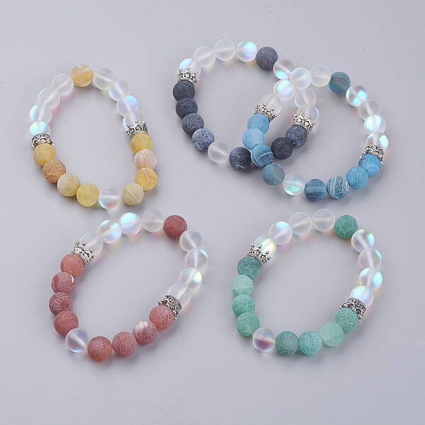 Natural Weathered Agate(Dyed) Beaded Stretch Bracelets