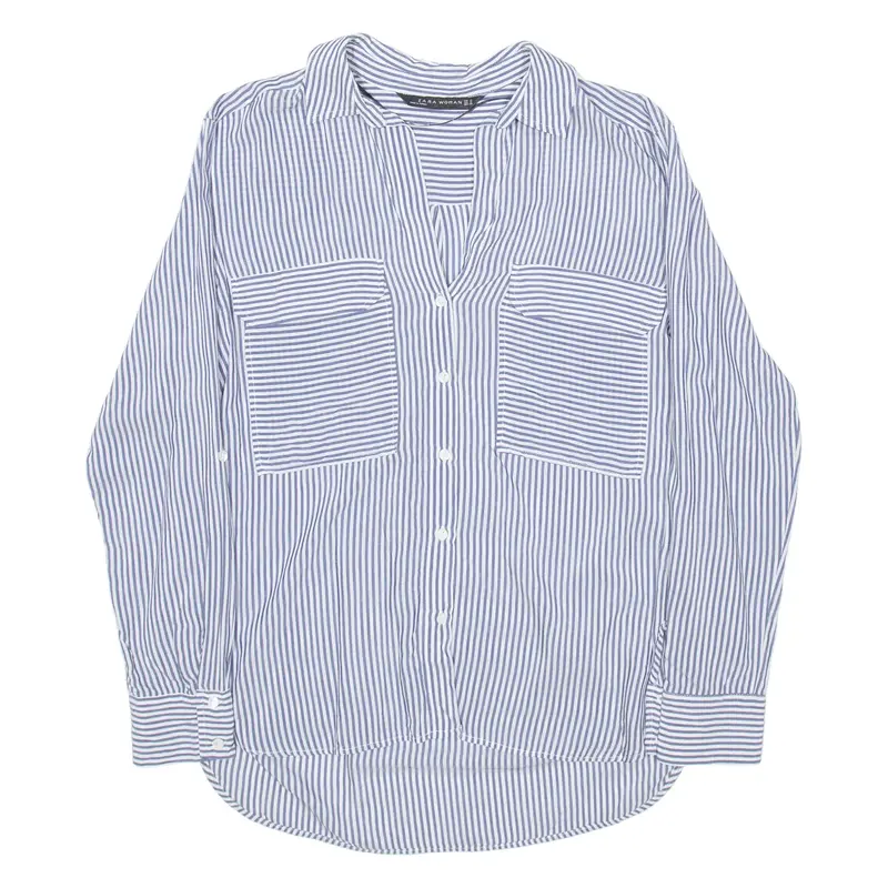 ZARA Womens Printed Shirt Blue V-Neck Long Sleeve Striped M