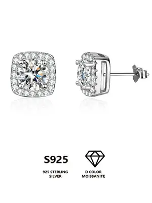 925 Sterling Silver Square Shaped Synthetic Moissanite Stud Earrings, Elegant Jewelry for Women, Fashion Shiny Jewelry for Pa...
