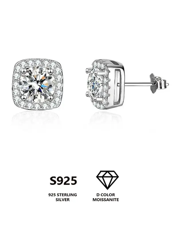 925 Sterling Silver Square Shaped Synthetic Moissanite Stud Earrings, Elegant Jewelry for Women, Fashion Shiny Jewelry for Pa...