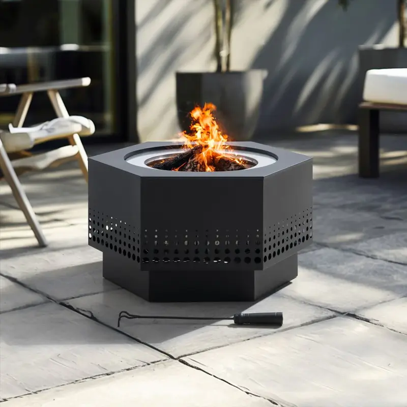 SUNJOY 28 Inch Hexagon Stainless Steel Smokeless Fire Pit with PVC Cover and Poker - Dot Pattern